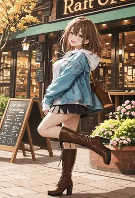 Cheerful Girl Strolling Past Cafe