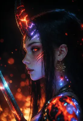 Fiery Demon Warrior with Glowing Horns