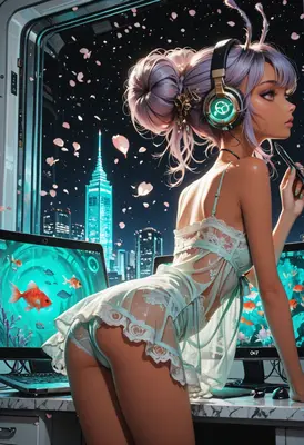 Cybernetic Night Muse at Her Desk