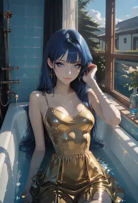 Blue Haired Beauty in Golden Dress