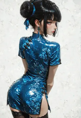 Elegant Blue Qipao Anime Portrait
