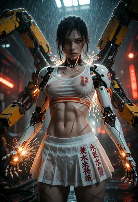 Cybernetic Warrior in the Rain
