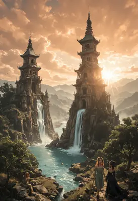 Ancient Towers Beside the Twin Waterfalls