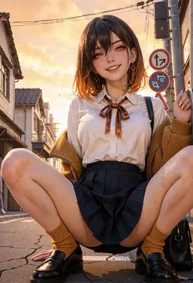Smiling Student Crouching on City Street
