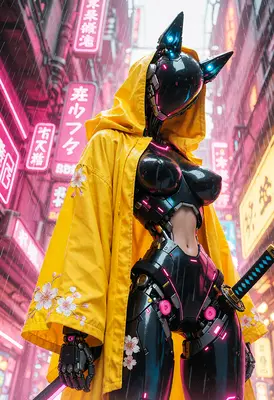 Cybernetic Ronin in Neon Rain