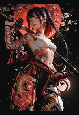 Tattooed Samurai Under Red Moon