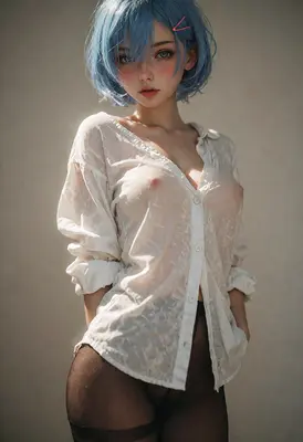 Ethereal Blue Haired Beauty in Sheer Shirt