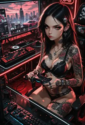 Gamer Girl in Neon Cyberpunk Room