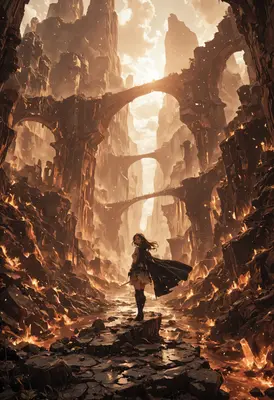 Lone Warrior Amidst Ancient Burning Ruins
