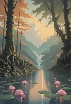 Serene Lotus River at Golden Hour
