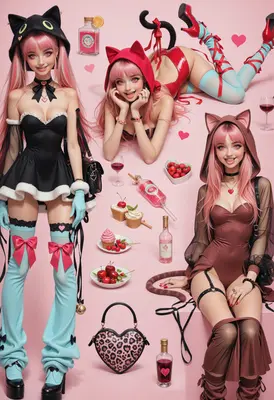 Playful Anime Cat Girls and Treats