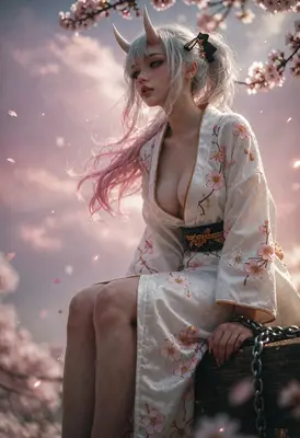 Oni Maiden Beneath Cherry Blossoms