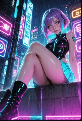 Cyberpunk Girl in Rainy Neon City