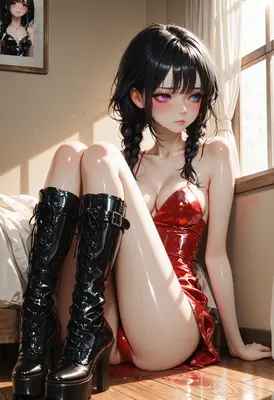 Melancholy Girl in Red Latex