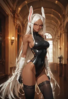 Elegant Bunny Girl in Golden Hallway