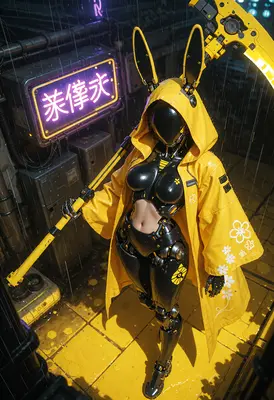 Cybernetic Rabbit Warrior in Yellow Raincoat