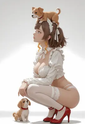 Maid Girl with Cute Puppies