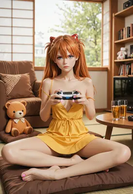 Asuka Gaming in a Cozy Room