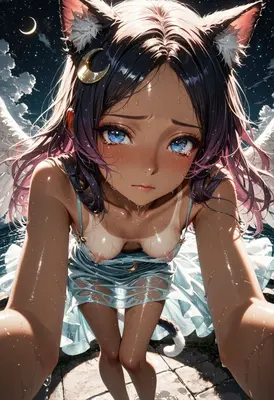 Crying Moonlit Neko Angel Under Stars