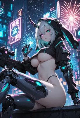 Cybernetic Assassin Under Neon Fireworks