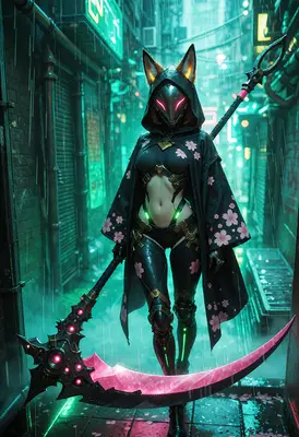Cyberpunk Fox Assassin in Neon Rain
