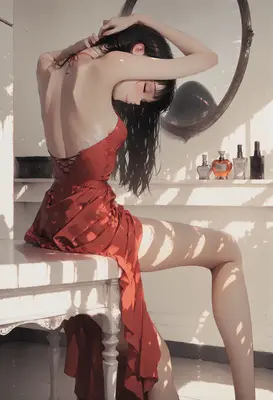 Woman in a Crimson Backless Dress