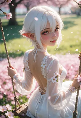 Elf Girl on a Cherry Blossom Swing