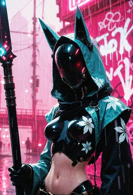 Cybernetic Warrior in the Neon Rain