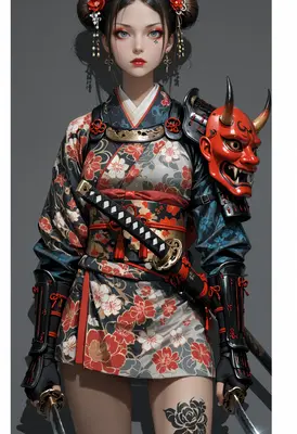 Floral Samurai Warrior in Traditional Kimono