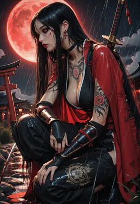 Crimson Moon Samurai Warrior Under Rain