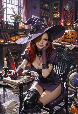 Enchanting Witch Writing in Her Study