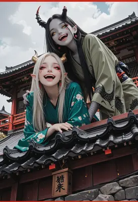 Playful Oni Sisters at the Temple