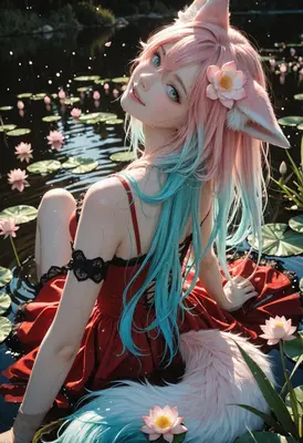 Fox Girl Amidst Floating Lotus Flowers
