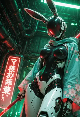 Cybernetic Bunny Ronin in Neon Rain