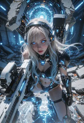 Cyborg Soldier in Ruined Battlefield