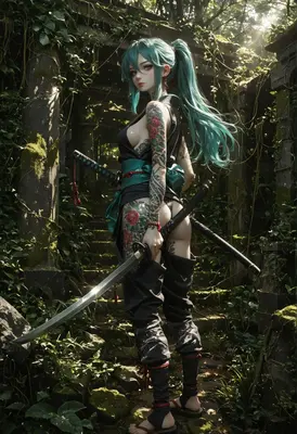 Tattooed Warrior in Ancient Forest Ruins