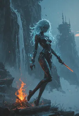 Cyborg Warrior by the Campfire