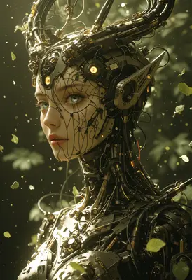 Cyborg Spirit Amidst Falling Leaves