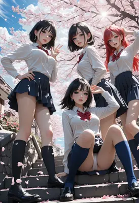 Schoolgirls Under Blooming Cherry Blossoms