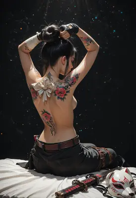 Tattooed Warrior Resting With Her Blade