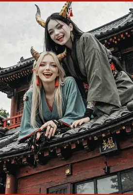 Joyful Oni Sisters on Temple Roof
