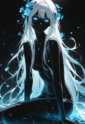 Ethereal Shadow Girl with Blue Flowers
