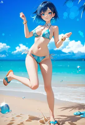 Cheerful Blue Haired Girl at Beach