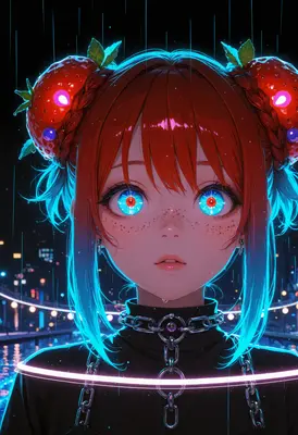 Neon Strawberry Girl in Rain