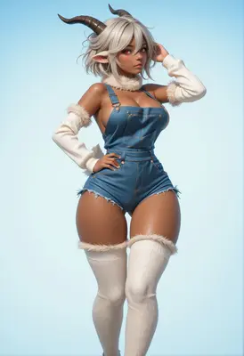 Charming Goat Girl in Denim Overalls
