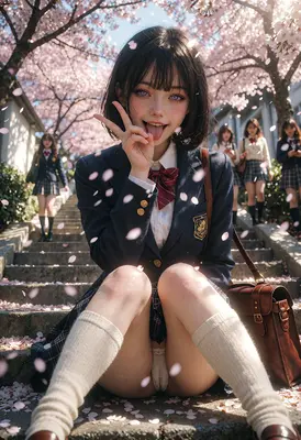 Playful Schoolgirl Amidst Falling Cherry Blossoms