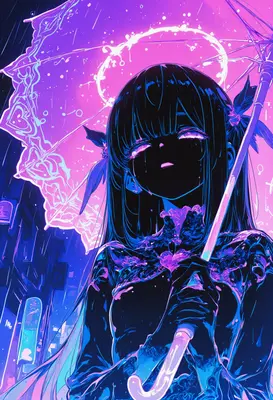 Neon Rain Under a Glowing Umbrella
