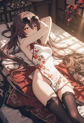 Resting Beauty in Floral Qipao
