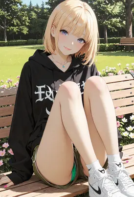 Blonde Girl Relaxing on Park Bench