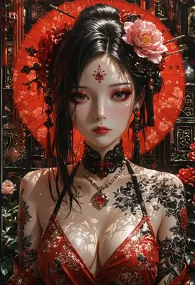 Elegant Geisha with Floral Tattoos